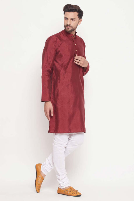 Buy Men's Maroon And White Silk Blend Ethnic Motif Woven Design Kurta Pajama Jacket Set Online - Back