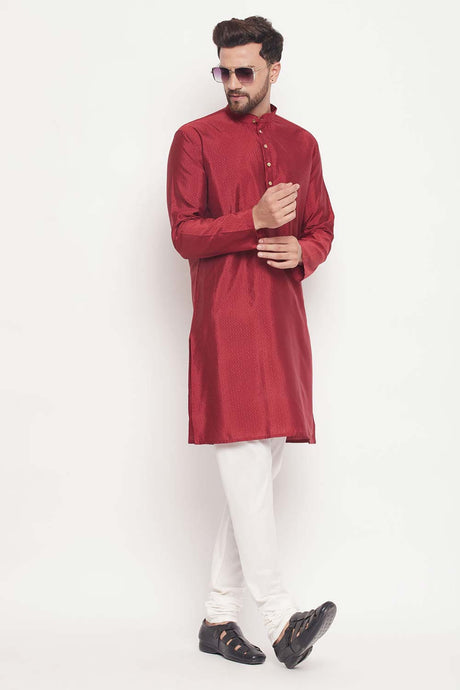 Buy Men's Maroon And Cream Silk Blend Ethnic Motif Woven Design Kurta Pajama Jacket Set Online