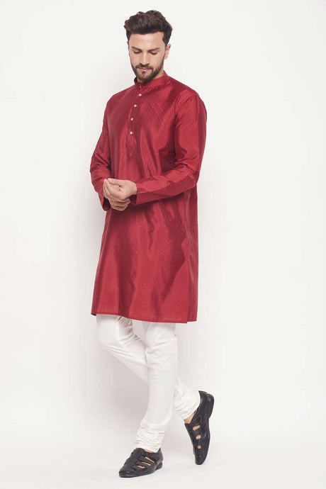 Buy Men's Maroon And Cream Silk Blend Ethnic Motif Woven Design Kurta Pajama Jacket Set Online - Back