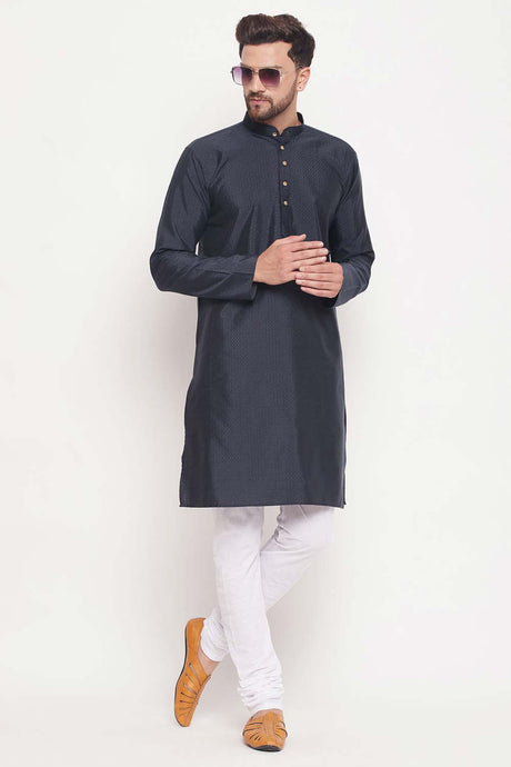 Buy Men's Navy Blue And White Silk Blend Ethnic Motif Woven Design Kurta Pajama Jacket Set Online