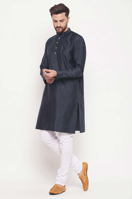 Buy Men's Navy Blue And White Silk Blend Ethnic Motif Woven Design Kurta Pajama Jacket Set Online - Back