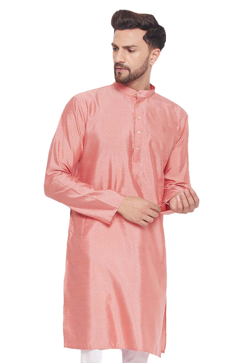 Buy Men's Pink Silk Blend Ethnic Motif Woven Design Short Kurta Online - Zoom Out