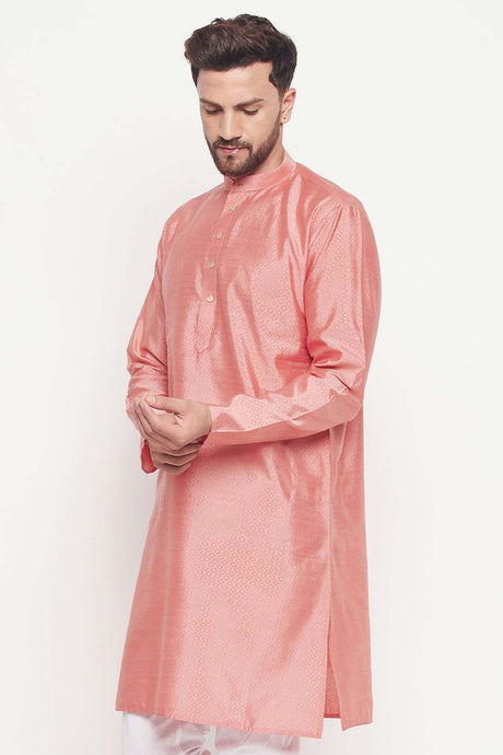 Buy Men's Pink Silk Blend Ethnic Motif Woven Design Short Kurta Online - Back
