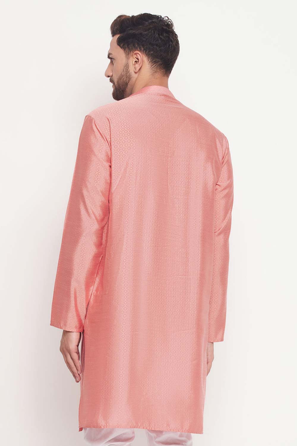 Buy Men's Pink Silk Blend Ethnic Motif Woven Design Short Kurta Online - Front