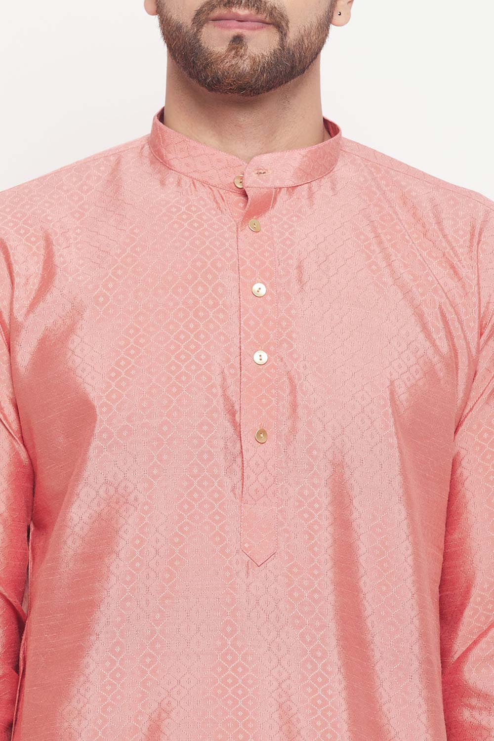 Buy Men's Pink Silk Blend Ethnic Motif Woven Design Short Kurta Online - Side