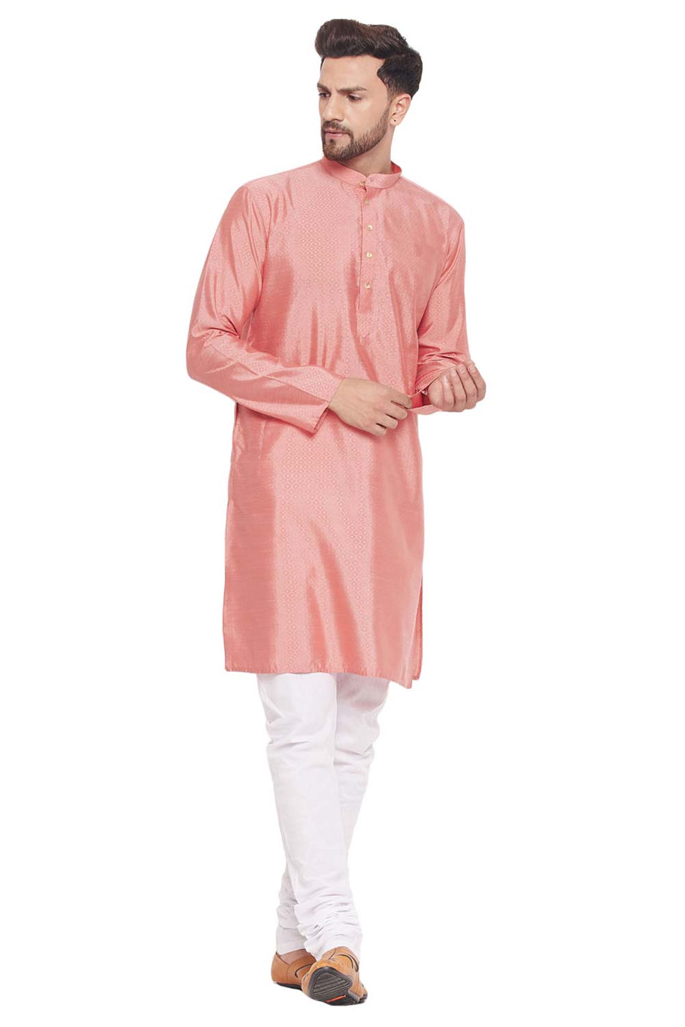 Buy Men's Pink And White Silk Blend Ethnic Motif Woven Design Kurta Pajama Jacket Set Online - Zoom Out