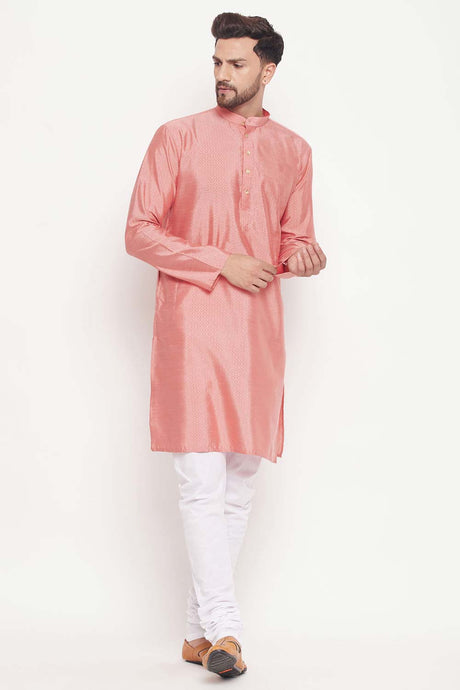 Buy Men's Pink And White Silk Blend Ethnic Motif Woven Design Kurta Pajama Jacket Set Online