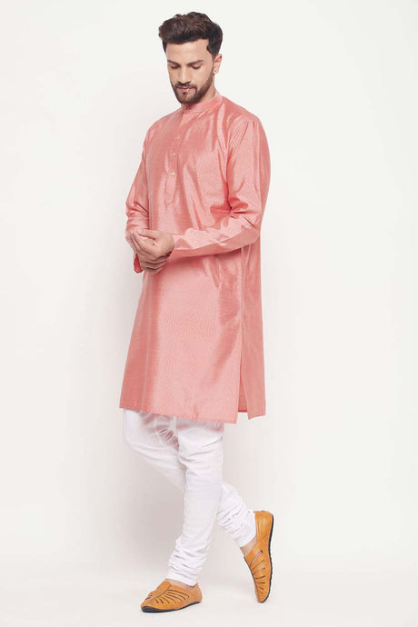 Buy Men's Pink And White Silk Blend Ethnic Motif Woven Design Kurta Pajama Jacket Set Online - Back