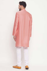 Buy Men's Pink And White Silk Blend Ethnic Motif Woven Design Kurta Pajama Jacket Set Online - Front