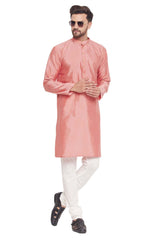 Buy Men's Pink And Cream Silk Blend Ethnic Motif Woven Design Kurta Pajama Jacket Set Online - Zoom Out