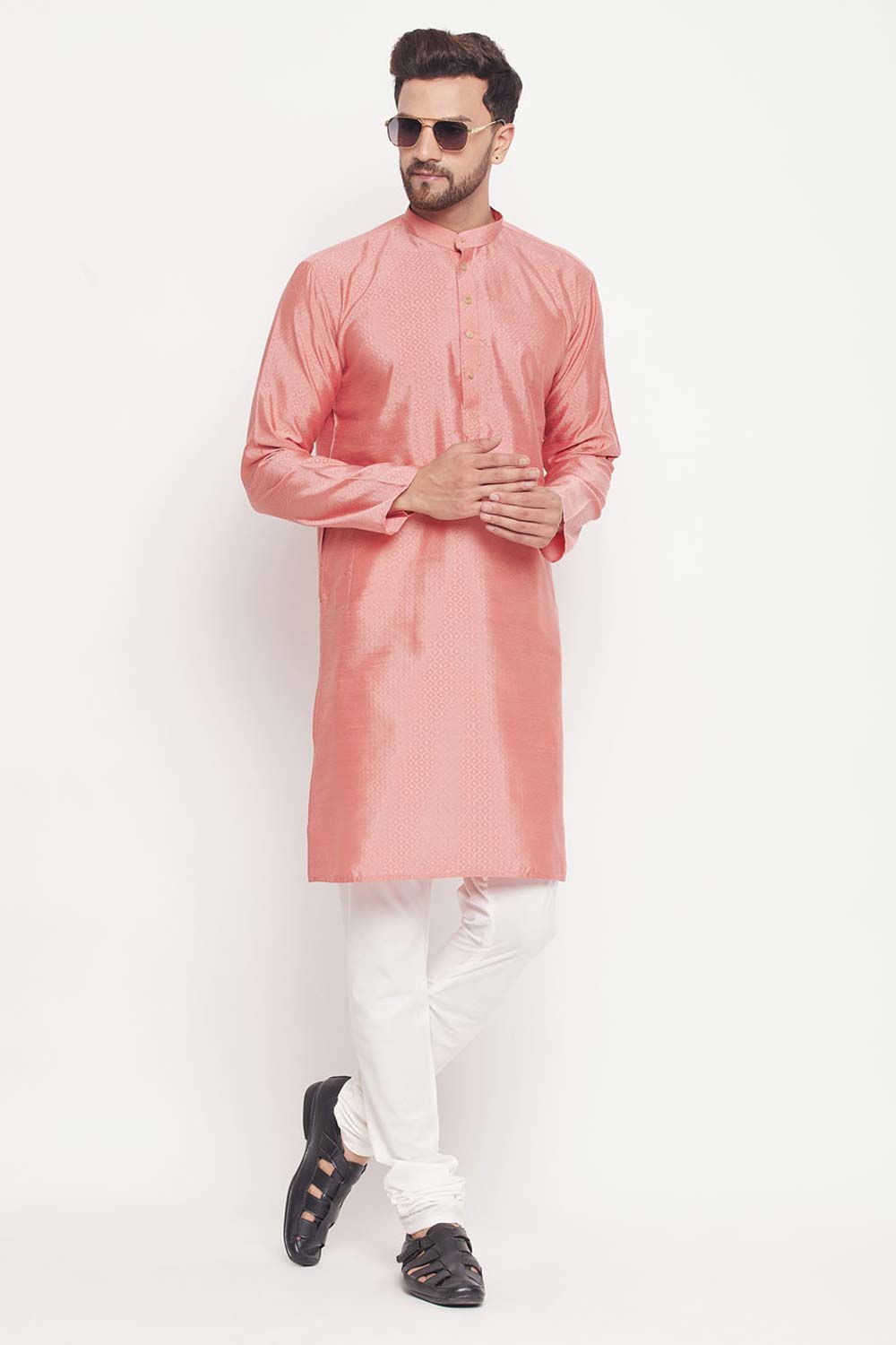 Buy Men's Pink And Cream Silk Blend Ethnic Motif Woven Design Kurta Pajama Jacket Set Online