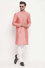 Buy Men's Pink And Cream Silk Blend Ethnic Motif Woven Design Kurta Pajama Jacket Set Online