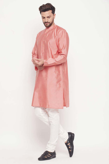Buy Men's Pink And Cream Silk Blend Ethnic Motif Woven Design Kurta Pajama Jacket Set Online - Back