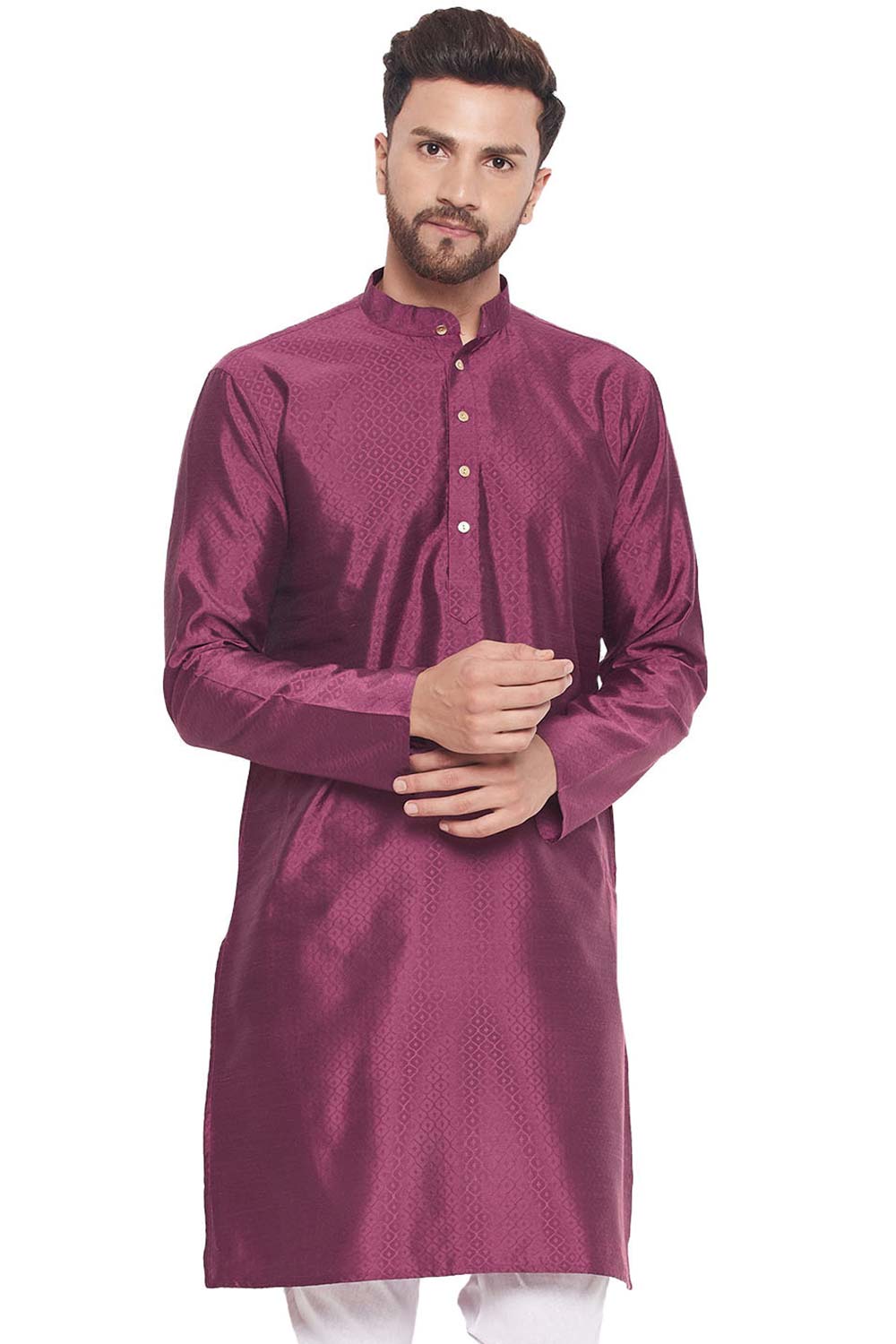 Buy Men's Purple Silk Blend Ethnic Motif Woven Design Short Kurta Online - Zoom Out