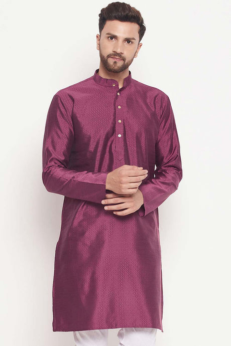 Buy Men's Purple Silk Blend Ethnic Motif Woven Design Short Kurta Online