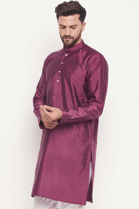 Buy Men's Purple Silk Blend Ethnic Motif Woven Design Short Kurta Online - Back