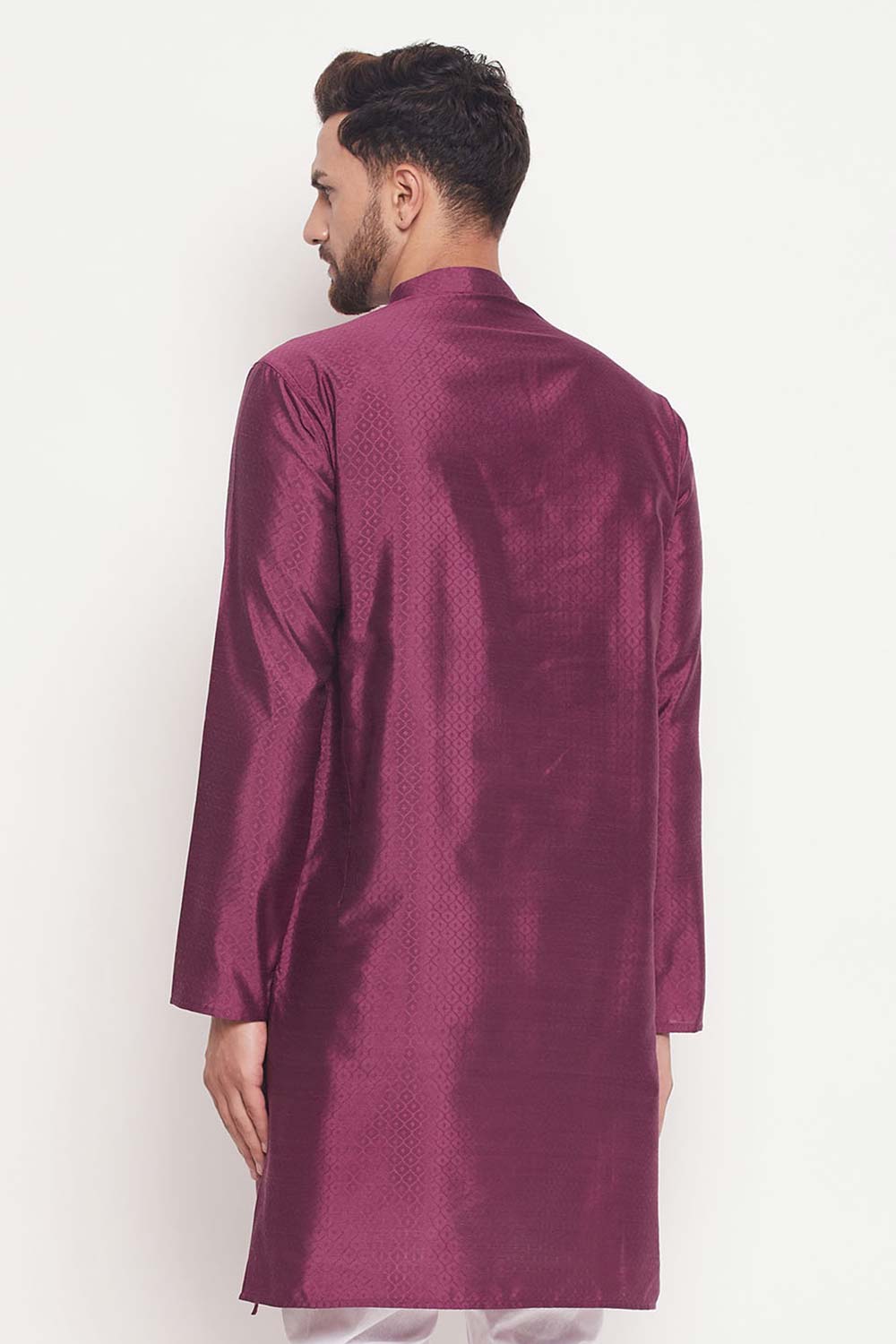 Buy Men's Purple Silk Blend Ethnic Motif Woven Design Short Kurta Online - Front