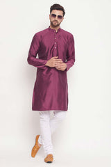 Buy Men's Purple Silk Blend Ethnic Motif Woven Design Short Kurta Online - Zoom In