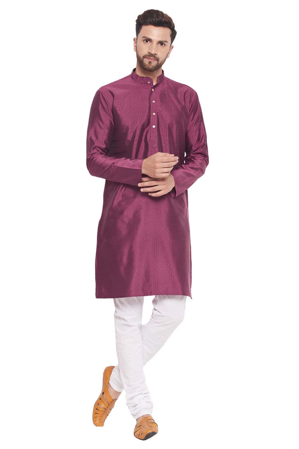 Buy Men's Purple And White Silk Blend Ethnic Motif Woven Design Kurta Pajama Jacket Set Online - Zoom Out