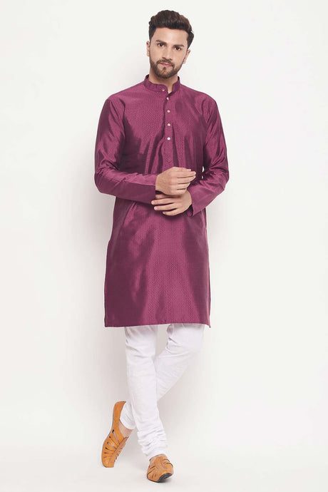 Buy Men's Purple And White Silk Blend Ethnic Motif Woven Design Kurta Pajama Jacket Set Online