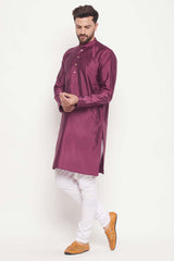 Buy Men's Purple And White Silk Blend Ethnic Motif Woven Design Kurta Pajama Jacket Set Online - Back