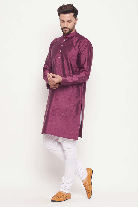 Buy Men's Purple And White Silk Blend Ethnic Motif Woven Design Kurta Pajama Jacket Set Online - Back