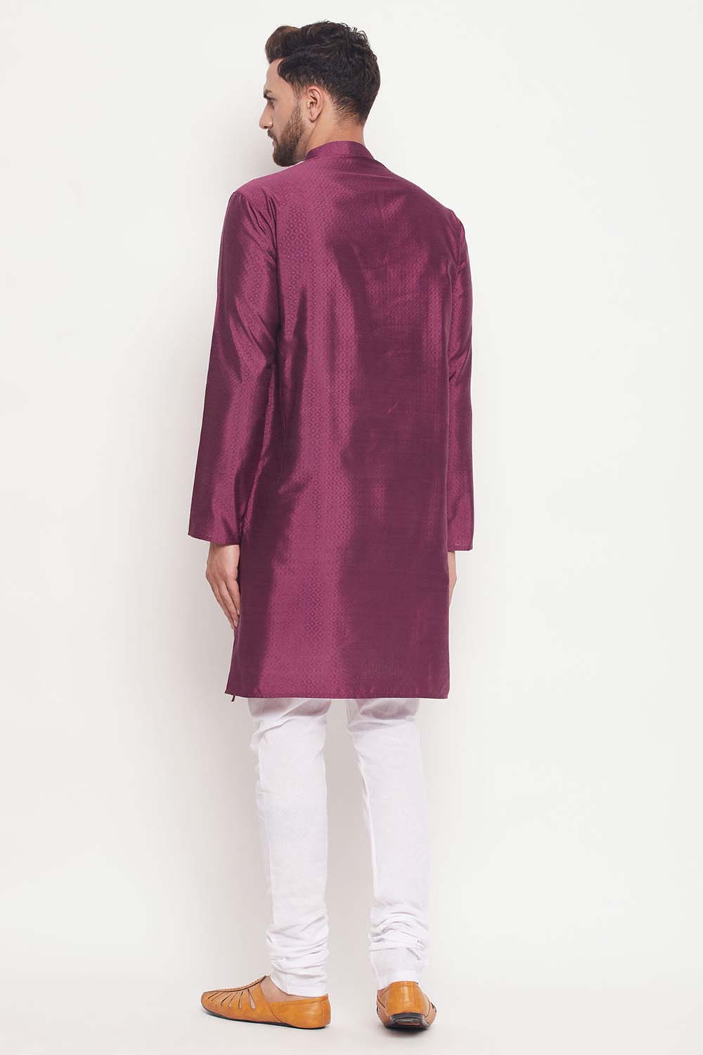 Buy Men's Purple And White Silk Blend Ethnic Motif Woven Design Kurta Pajama Jacket Set Online - Front