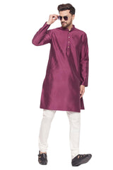 Buy Men's Purple And Cream Silk Blend Ethnic Motif Woven Design Kurta Pajama Jacket Set Online - Zoom Out