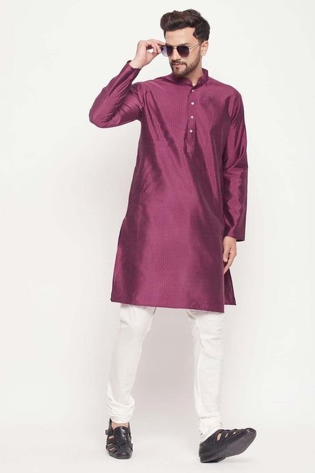 Buy Men's Purple And Cream Silk Blend Ethnic Motif Woven Design Kurta Pajama Jacket Set Online