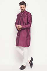 Buy Men's Purple And Cream Silk Blend Ethnic Motif Woven Design Kurta Pajama Jacket Set Online - Back