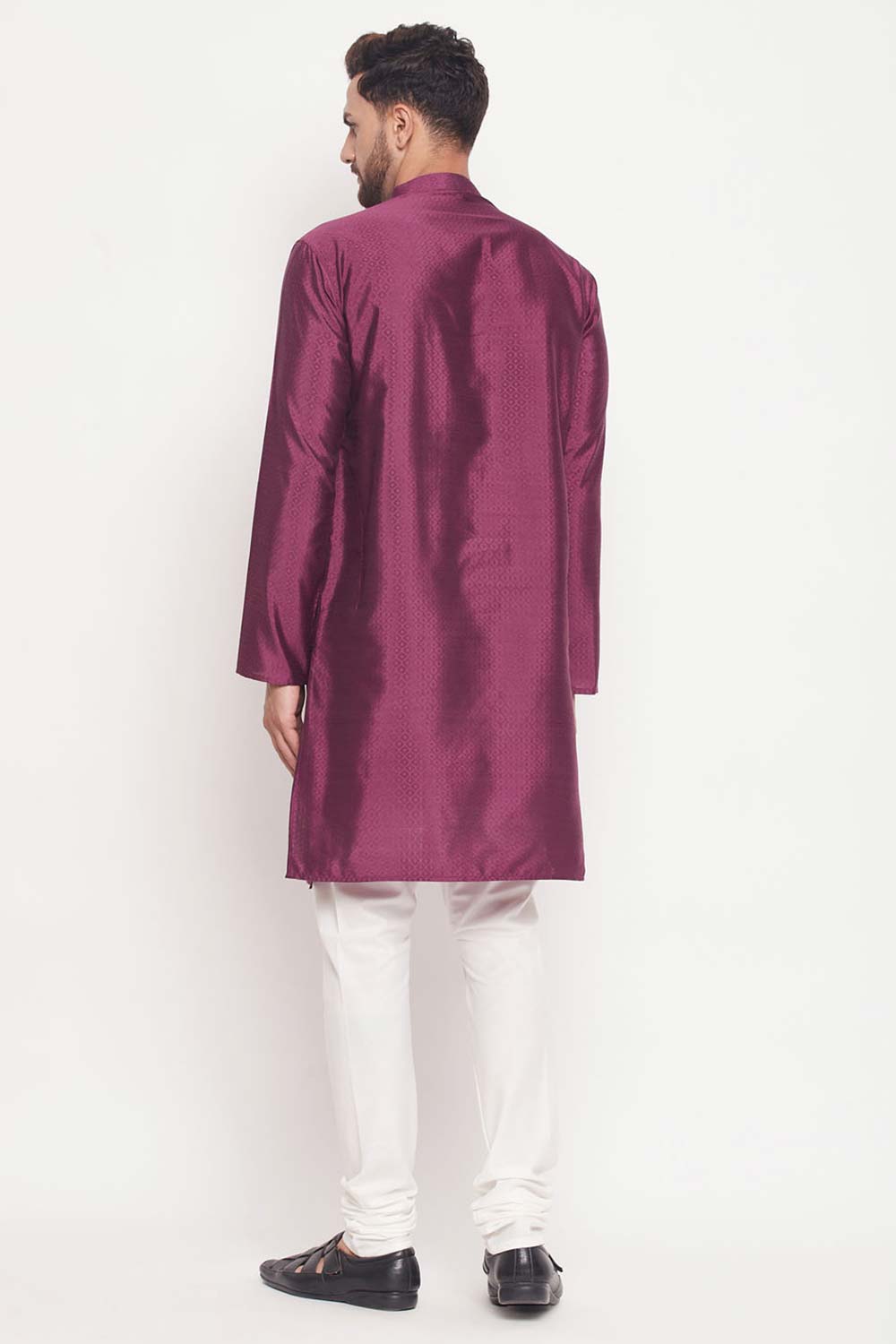 Buy Men's Purple And Cream Silk Blend Ethnic Motif Woven Design Kurta Pajama Jacket Set Online - Front