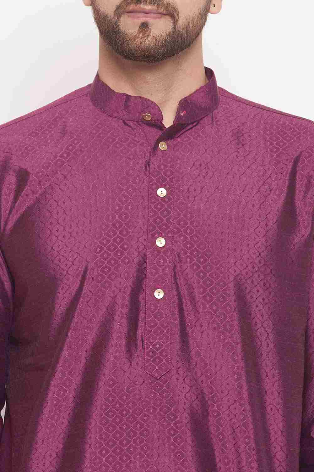 Buy Men's Purple And Cream Silk Blend Ethnic Motif Woven Design Kurta Pajama Jacket Set Online - Side