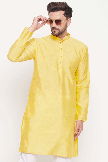 Buy Men's Yellow Silk Blend Ethnic Motif Woven Design Short Kurta Online
