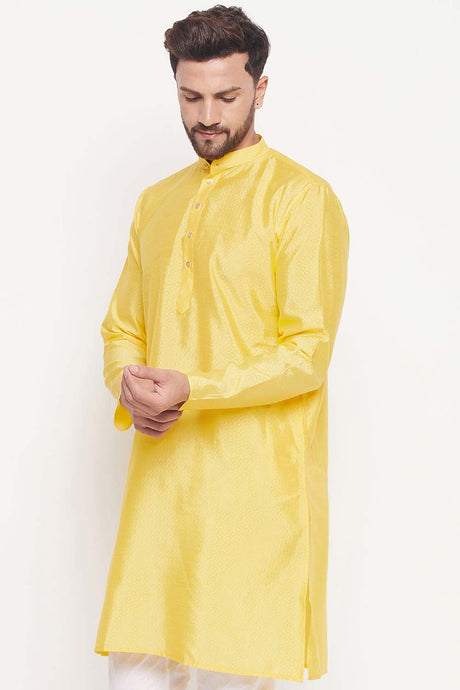 Buy Men's Yellow Silk Blend Ethnic Motif Woven Design Short Kurta Online - Back
