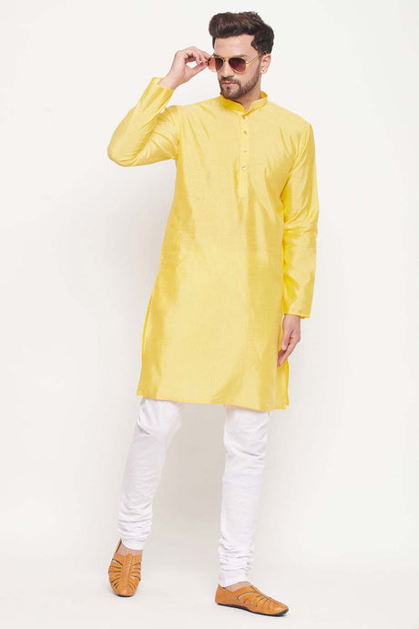 Buy Men's Yellow And White Silk Blend Ethnic Motif Woven Design Kurta Pajama Jacket Set Online