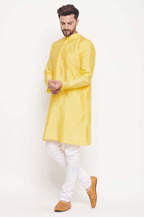 Buy Men's Yellow And White Silk Blend Ethnic Motif Woven Design Kurta Pajama Jacket Set Online - Back