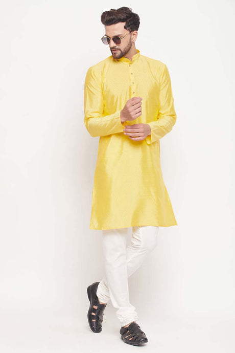 Buy Men's Yellow And Cream Silk Blend Ethnic Motif Woven Design Kurta Pajama Jacket Set Online