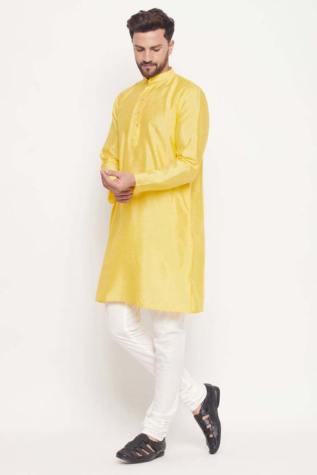 Buy Men's Yellow And Cream Silk Blend Ethnic Motif Woven Design Kurta Pajama Jacket Set Online - Back