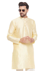 Buy Men's Beige Silk Blend Ethnic Motif Woven Design Short Kurta Online - Zoom Out