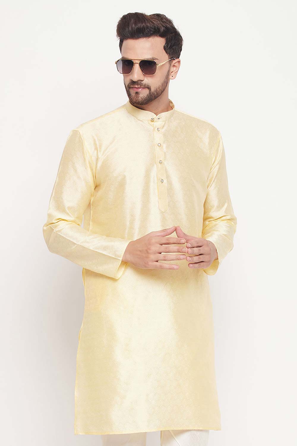 Buy Men's Beige Silk Blend Ethnic Motif Woven Design Short Kurta Online