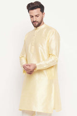 Buy Men's Beige Silk Blend Ethnic Motif Woven Design Short Kurta Online - Back