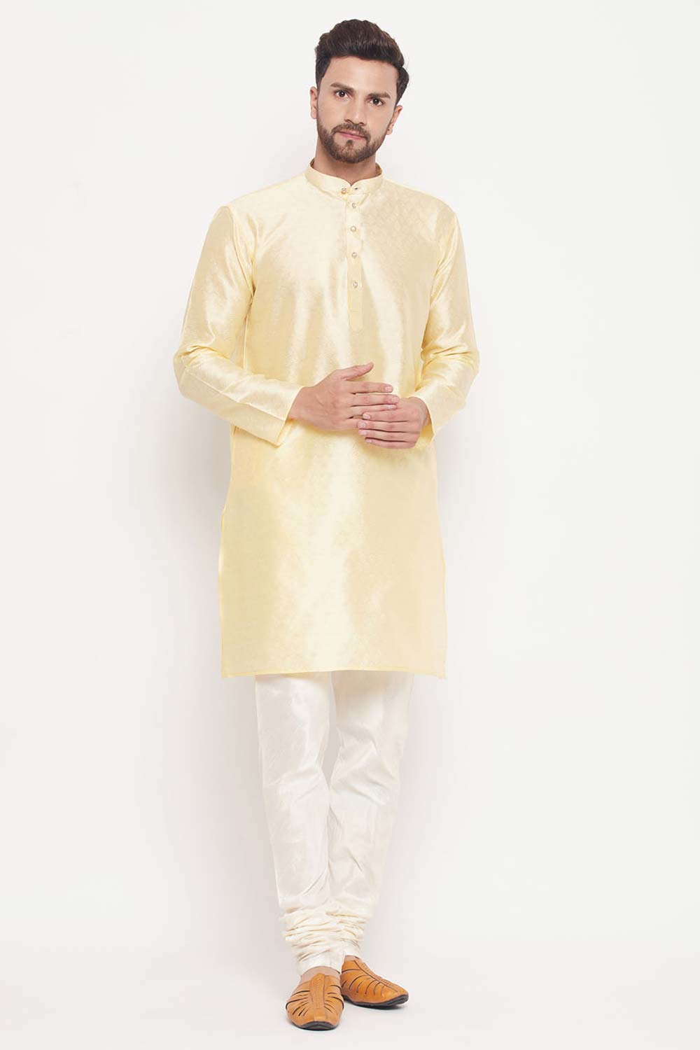 Buy Men's Beige Silk Blend Ethnic Motif Woven Design Short Kurta Online - Zoom In