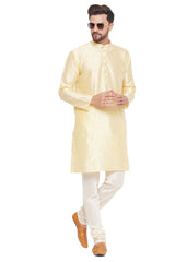 Buy Men's Beige And Cream Silk Blend Ethnic Motif Woven Design Kurta Pajama Jacket Set Online - Zoom Out