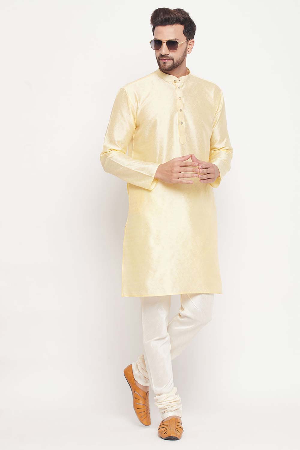 Buy Men's Beige And Cream Silk Blend Ethnic Motif Woven Design Kurta Pajama Jacket Set Online