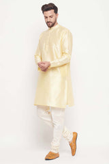 Buy Men's Beige And Cream Silk Blend Ethnic Motif Woven Design Kurta Pajama Jacket Set Online - Back