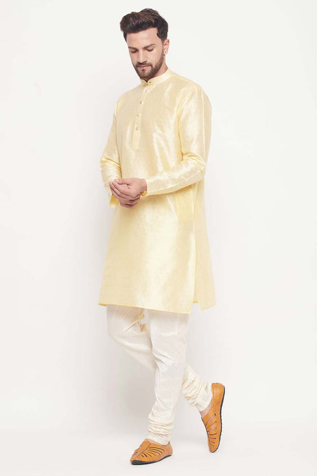 Buy Men's Beige And Cream Silk Blend Ethnic Motif Woven Design Kurta Pajama Jacket Set Online - Back