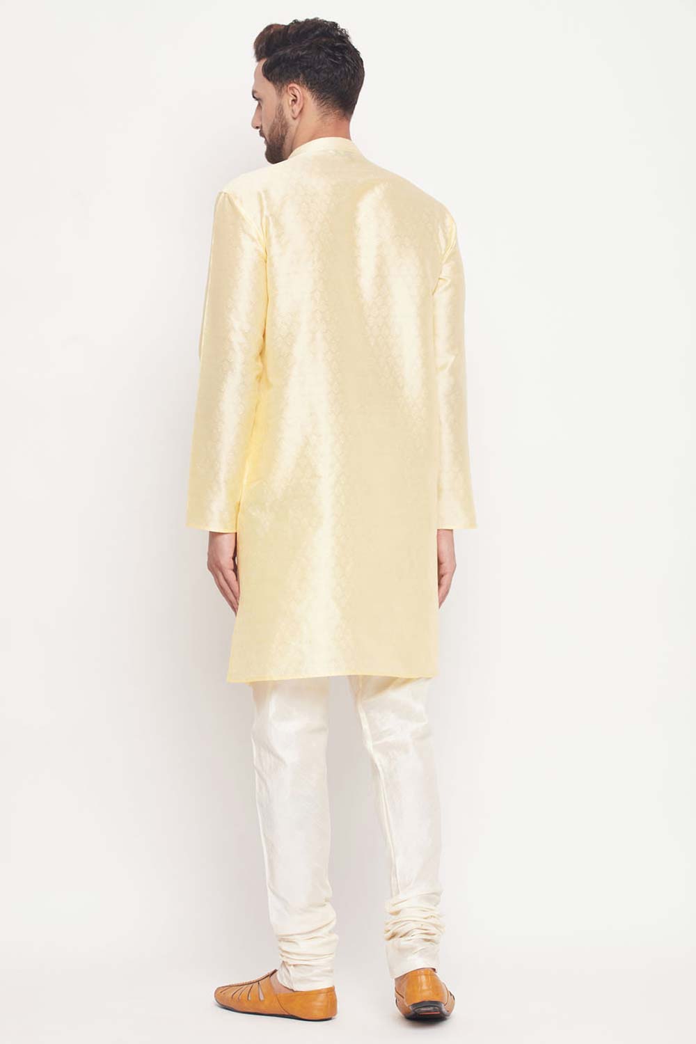 Buy Men's Beige And Cream Silk Blend Ethnic Motif Woven Design Kurta Pajama Jacket Set Online - Front