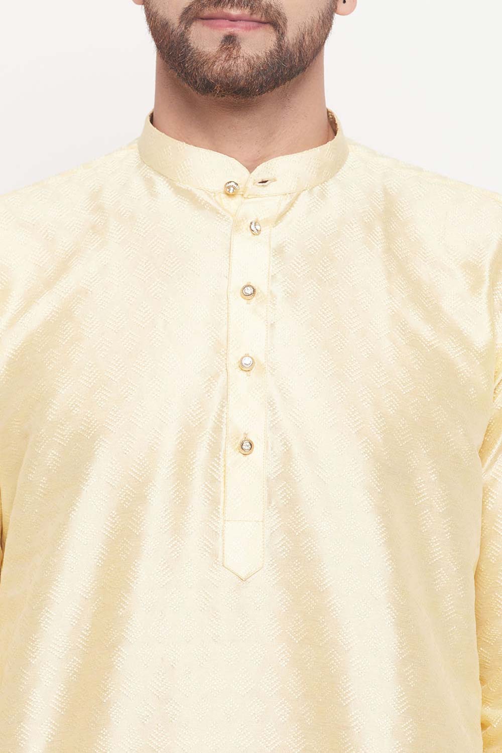 Buy Men's Beige And Cream Silk Blend Ethnic Motif Woven Design Kurta Pajama Jacket Set Online - Side