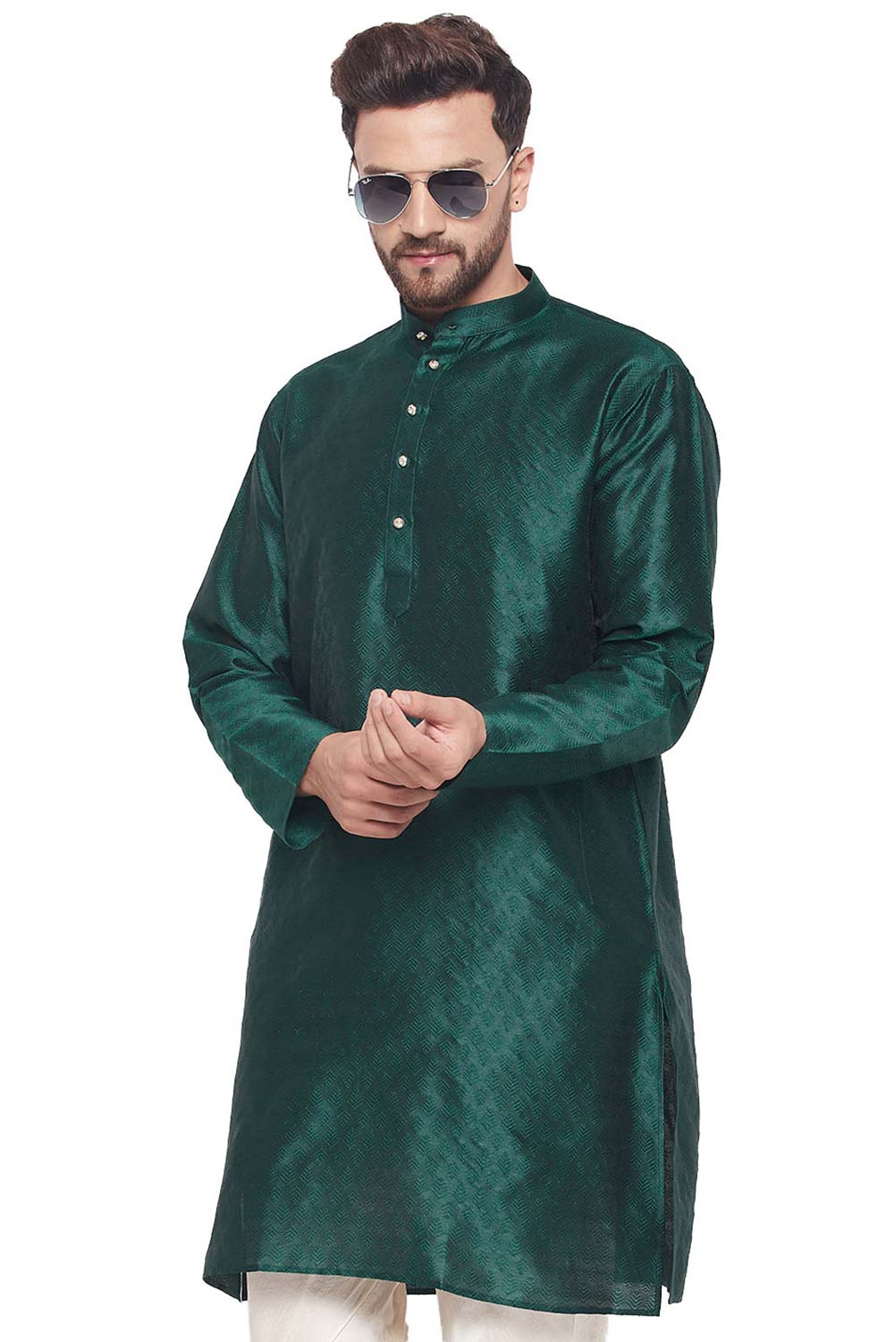 Buy Men's Green Silk Blend Ethnic Motif Woven Design Short Kurta Online - Zoom Out