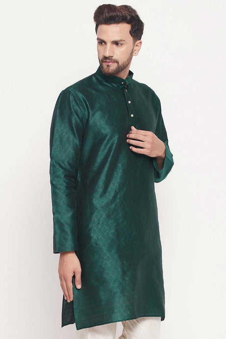 Buy Men's Green Silk Blend Ethnic Motif Woven Design Short Kurta Online - Back